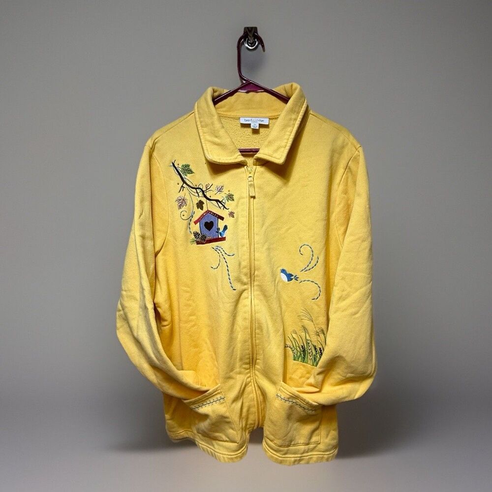 Breckenridge Full Zip Sweatshirt 2X Embroidered Flowers Bird Pockets Cottagecore